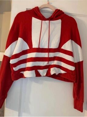 Adidas large logo  Red and White Cropped Hoodie sweatshirt  - Women
